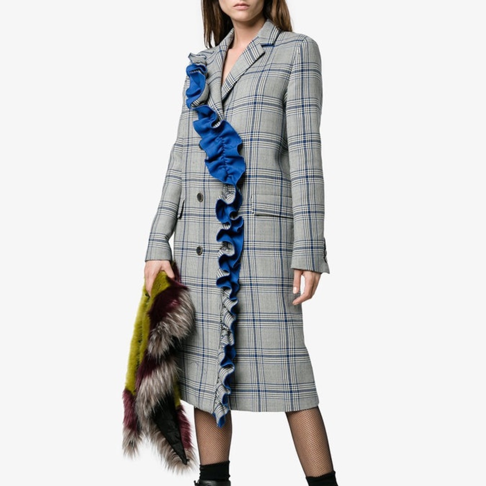 MSGM Glen Plaid Blue Ruffle Wool Blend Double Breasted Coat IT 42 - Picture 1 of 14